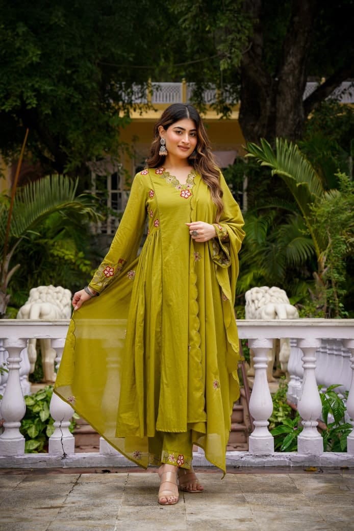 Olive Green Chanderi Silk Flared Anarkali Suit Set